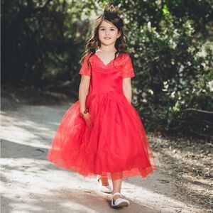 Girls Cherry Red Dress Tutu skirt Lace Vneck Short Sleeve